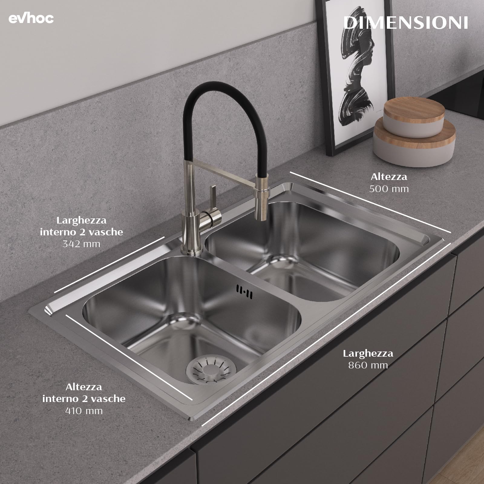 EVHOC Lavello Cucina Sopratop 86x50 cm 2 Vasche, Acciaio Inox, AURA S | Lavandino in Acciaio Inox con Finitura Satinata, Made in Italy, Piletta e Sifoni Inclusi