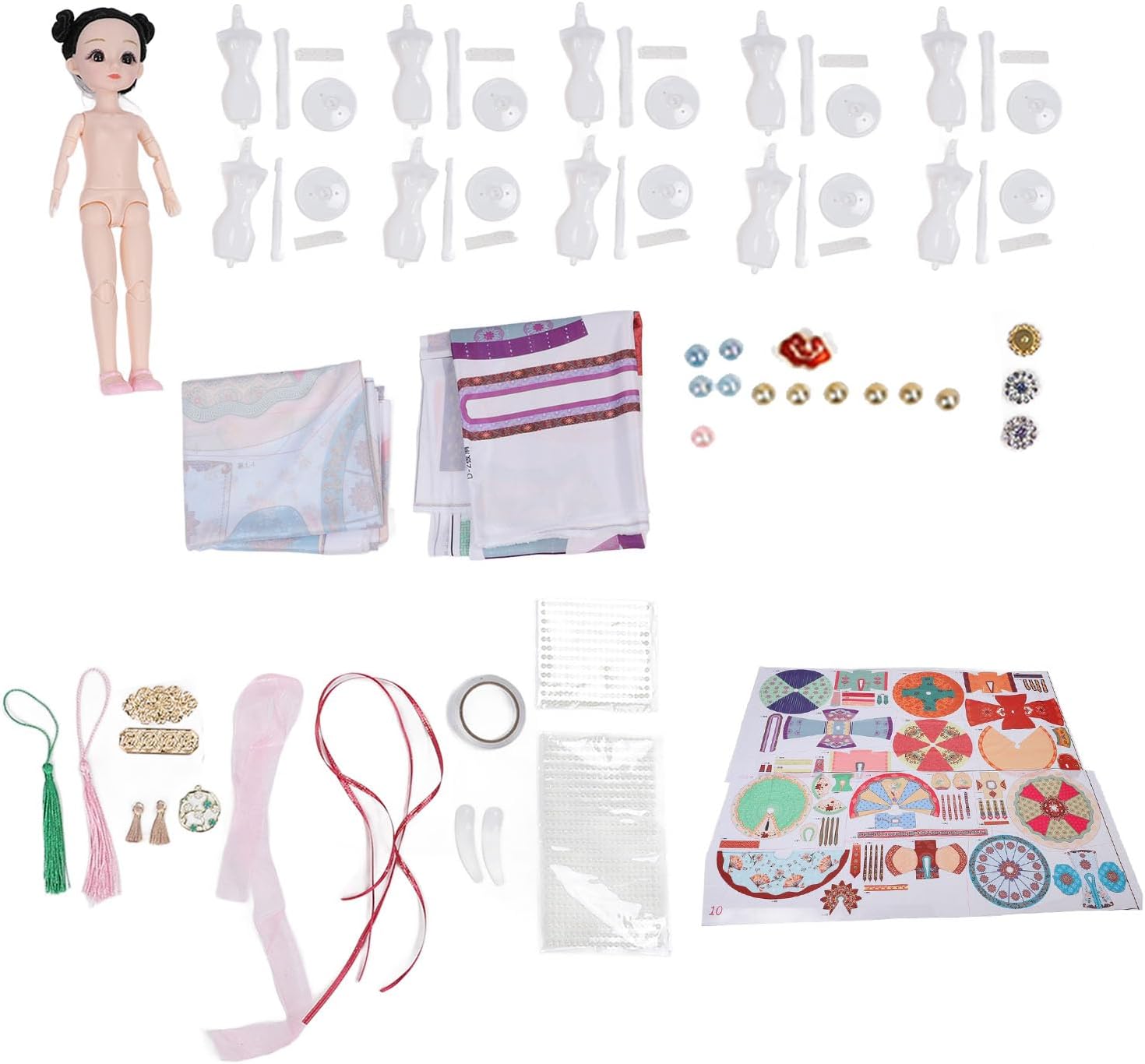 VINGVO 10 Mannequins Hanfu Dress Designer Kit, No Sewing Design, Comprehensive Kit with Fabric and Doll for Chinese Traditional Costume Making, Ideal for Explore Hanfu Culture