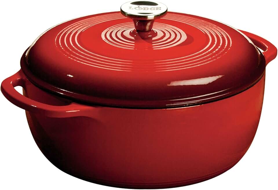 Lodge Essential Enamel Cast Iron Dutch Oven - Perfect for Bread Baking, Braising, Marinating &amp; Slow Cooking - Features Moisture-Sealing Lid &amp; Dual Handles - Kitchen Essentials - 6 Quarts - Island Spice Red