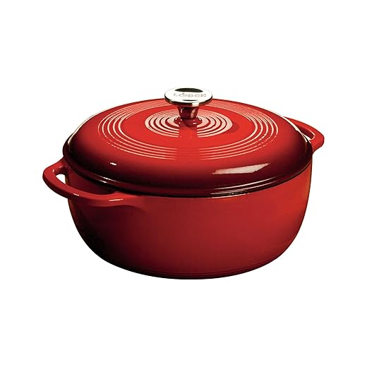Lodge 6 Quart Enameled Cast Iron Dutch Oven with Lid – Dual Handles – Oven Safe up to 500° F or on Stovetop - Use to Marinate, Cook, Bake, Refrigerate and Serve – Island Spice Red
