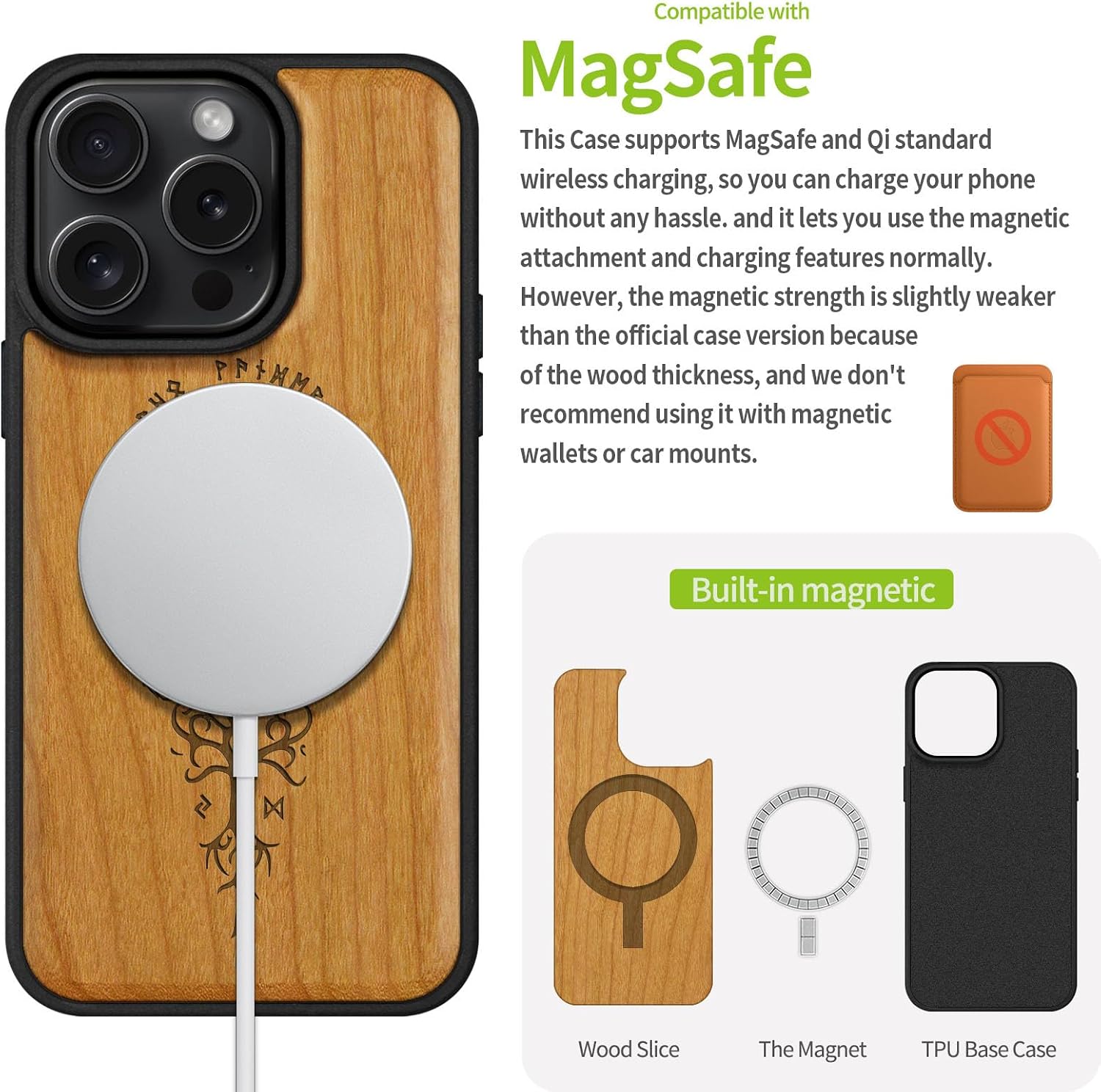 Carveit Magnetic Wooden Case for iPhone 16 Pro Case, Wood Artisan Engraved & Black Soft TPU Shockproof Cover, Compatible with MagSafe Wireless Chargers (The Guiding Vegvisir) Cherry