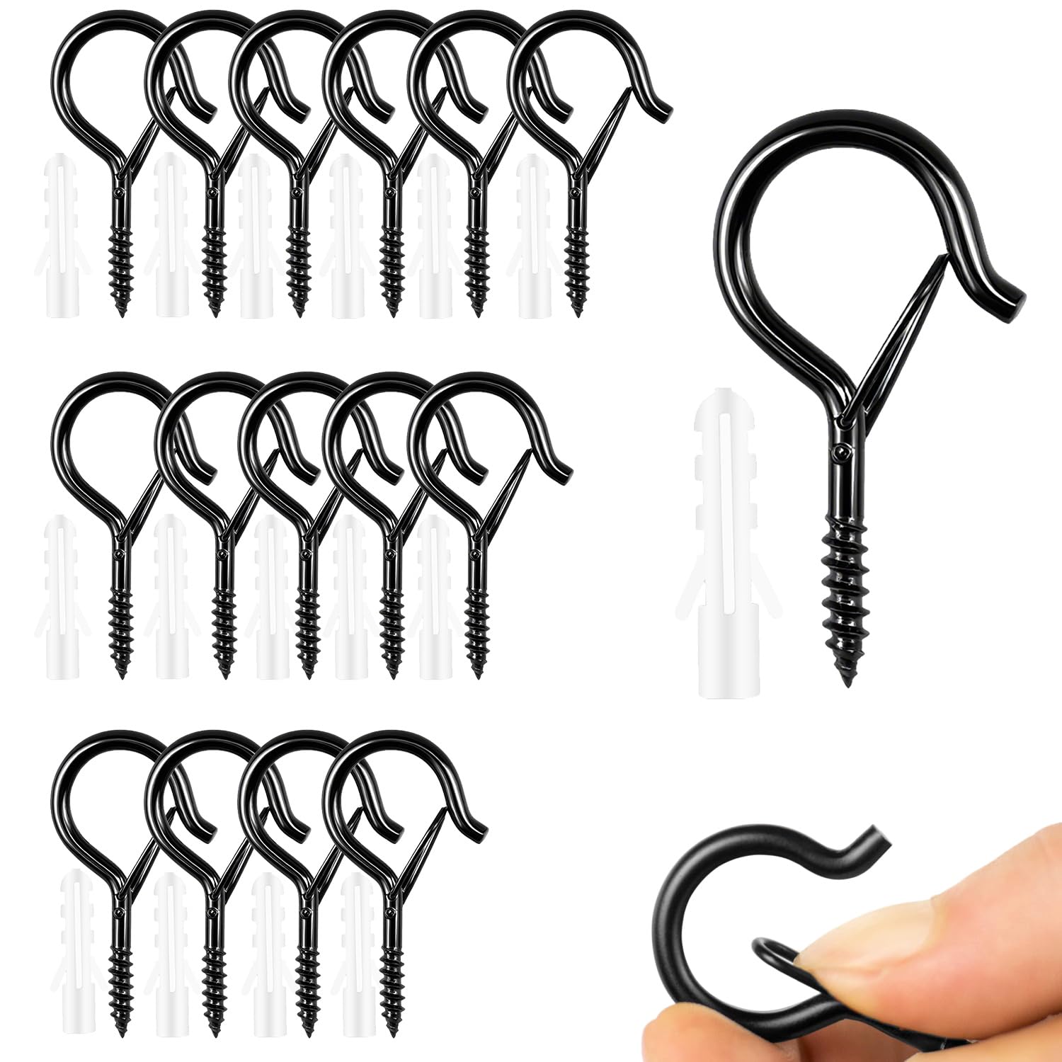 DYSWTUE 15 PCS Screw Hooks, Q Hanger Wall Ceiling Hooks, Safety Buckle Design, for Outdoor Christmas String Light, Birdcage, Feeders, Plants, Keys, Cups, Wind Chimes, Black