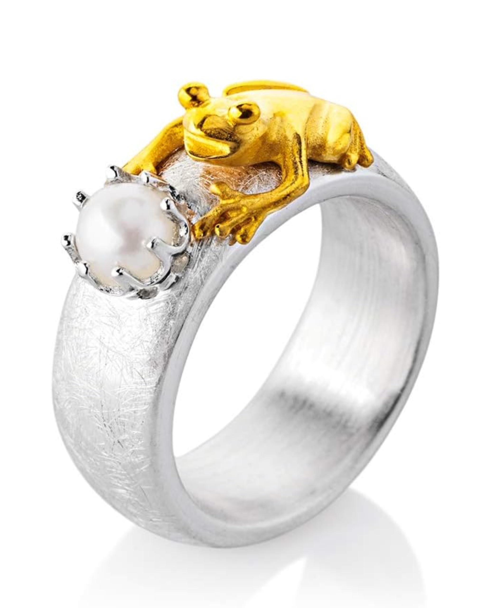 Drachenfels Froschkönig Ring I Größen 52–62 I Edler Damenring aus teilsgoldplattiertem 925 Sterling Silber I Nickelfreier Silberring mit Süßwasserperle I In Goldschmiedequalität gefertigt