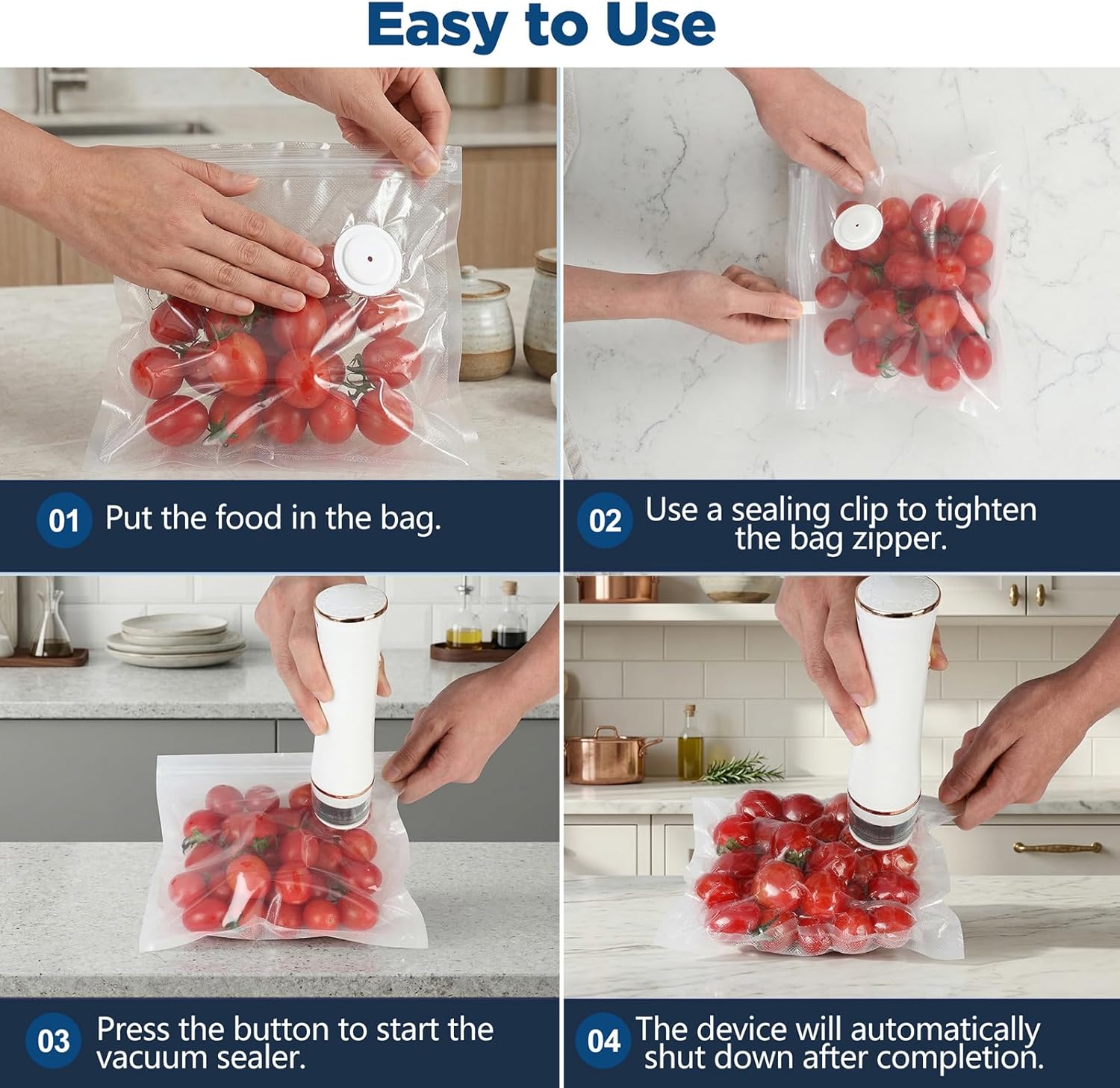 Compact Vacuum Sealer for Food with Visible Tank, Handheld Vacuum Sealer Machine, Includes 30 Reusable Bags, Seal Food 6X Fresh Longer, Wireless & Portable, Suitable for Kitchen and Travel, White