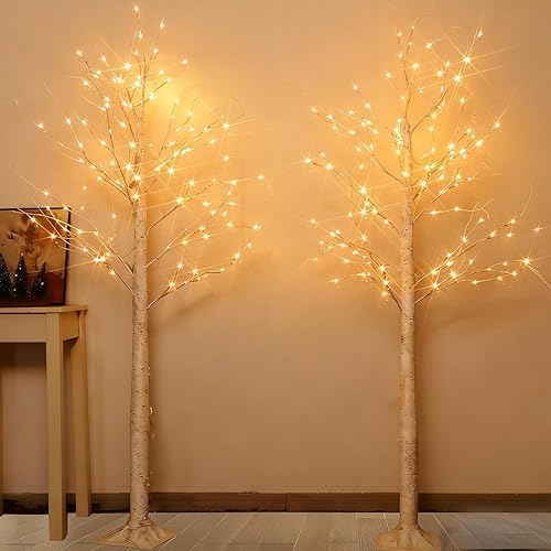 Miniatura 3 de Paquete de 2 árboles de abedul de 6 pies con luces, decoraciones de árbol de Navidad preiluminadas, árbol artificial iluminado para decoración de