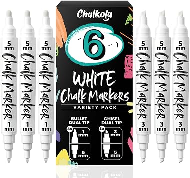 Chalkola 6 White Chalk Markers - Bullet & Chisel Dual Tip 1mm, 3mm, 5mm