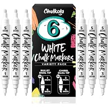 Chalkola 6 White Chalk Markers - Bullet & Chisel Dual Tip 1mm, 3mm, 5mm | Erasable Liquid Chalk Pens for Blackboard, Chalkboard Signs, Car Window, Bistro, Glass | Washable Chalkboard Markers