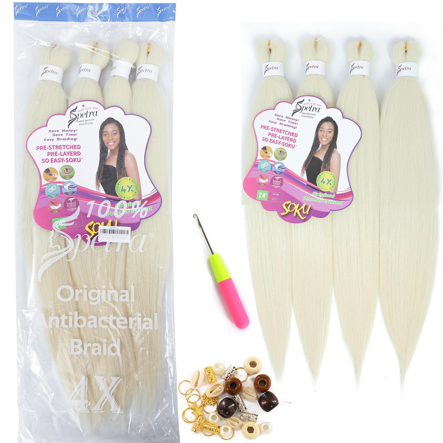 [MULTI PACKS DEAL] Spetra Platinum Blonde Pre Stretched Braiding Hair Extensions 24 Inch - 8 Bundles Synthetic Crochet Braids 613 Knotless Natural EZ Box Braids Hair Professional Soft Yaki Straight