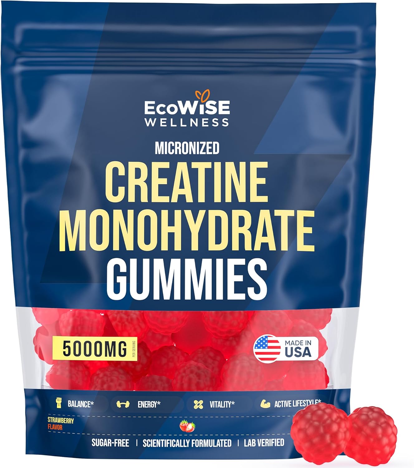 Creatine Monohydrate Gummies 5000 mg, Strawberry Flavor, 120 Sugar-Free Vegan Chews, Creatine Supplement for Daily Routine
