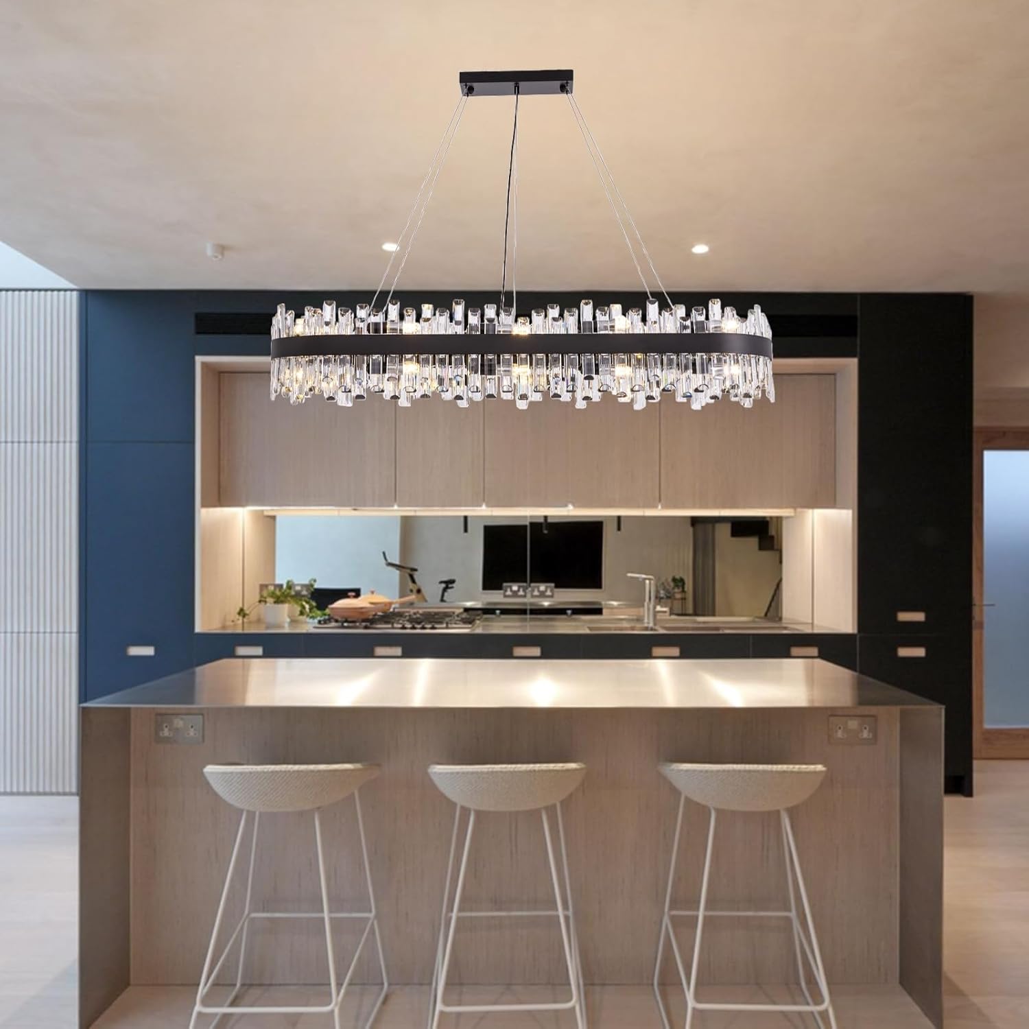 CROSSIO Large Rectangular Crystal Chandelier for Dining Room, 20-Light Modern 2-Tiers Oval Flush Mount Pendant Ceiling Light Fixture for Living Room Kitchen Island Bar 52 Inches