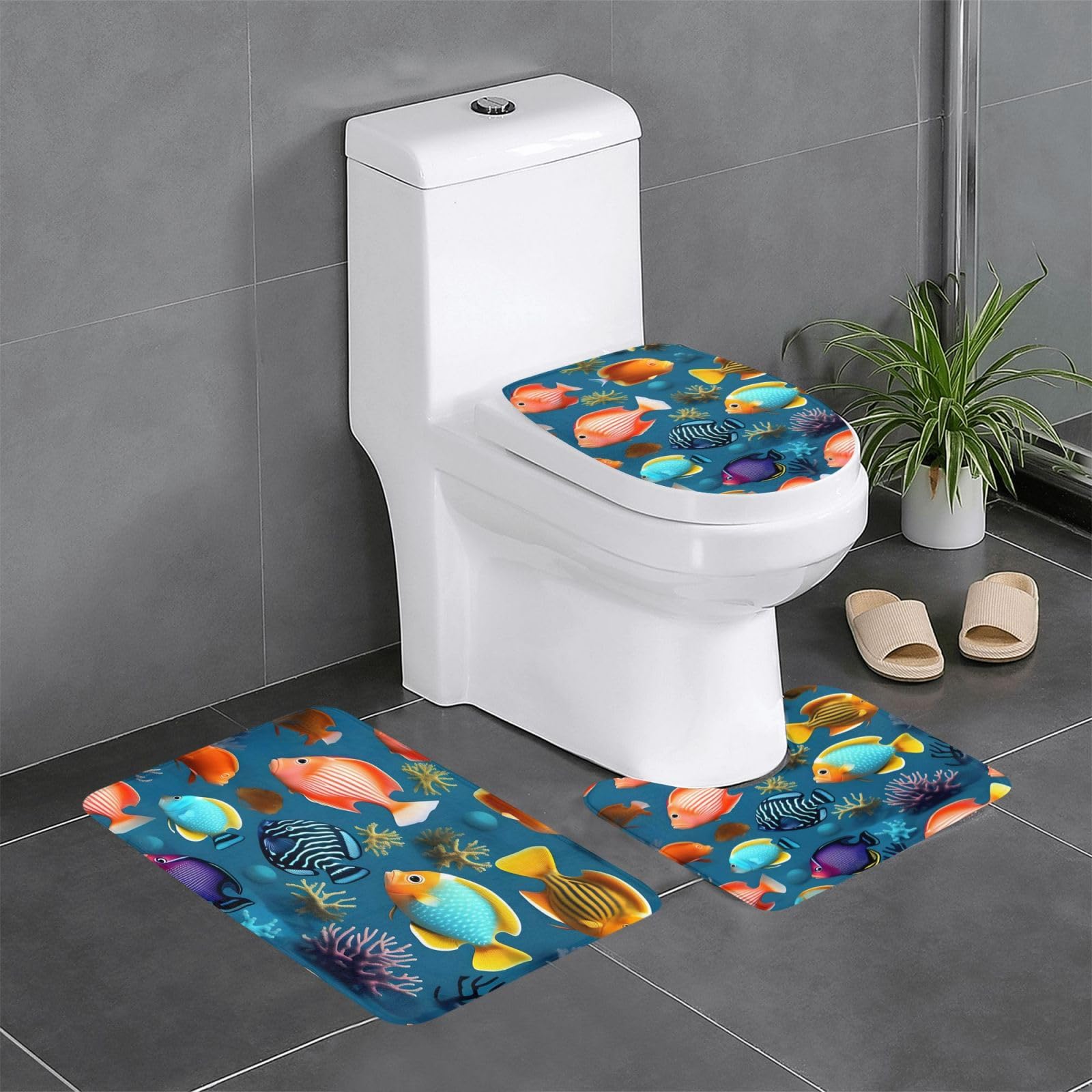 Tapis de salle de bain lot de 3 avec motif poissons, forme ovale et rectangulaire pour WC