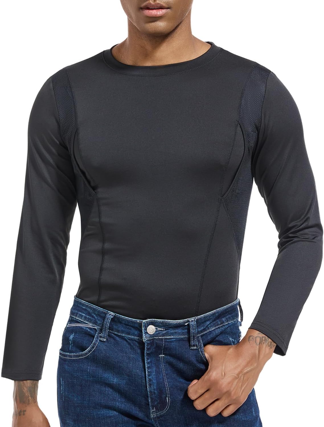 Concealed Carry Shirts for Men Holster Shirt Crew Neck Long Sleeve Conceal Carry Shirt Clothing with Large Pockets