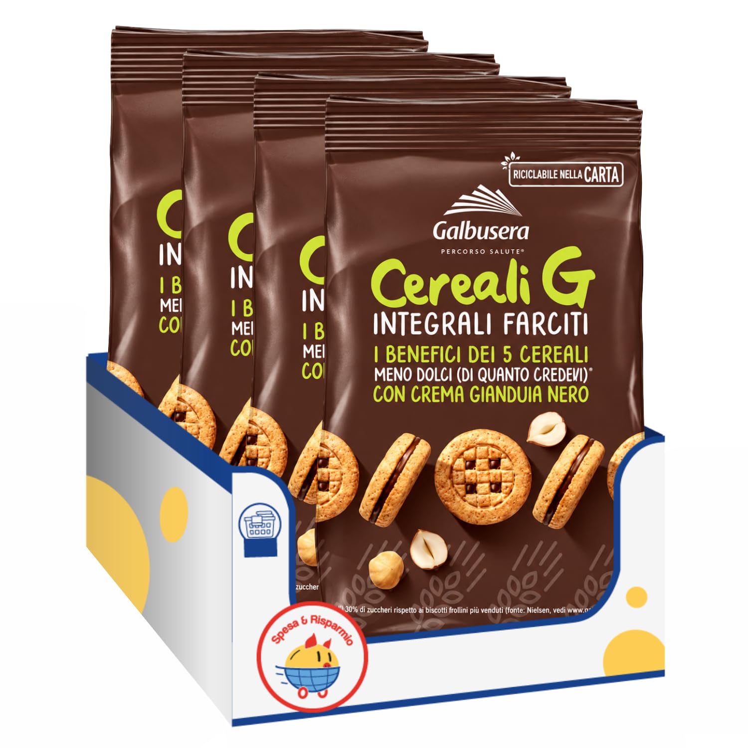 Biscotti Sandwich Integrali ai 5 Cereali Farciti con Crema al Gianduia Nero, Ricchi di Fibre, Confezione da 250 g, Variazioni 4/8/12 Pezzi (12 PEZZI)
