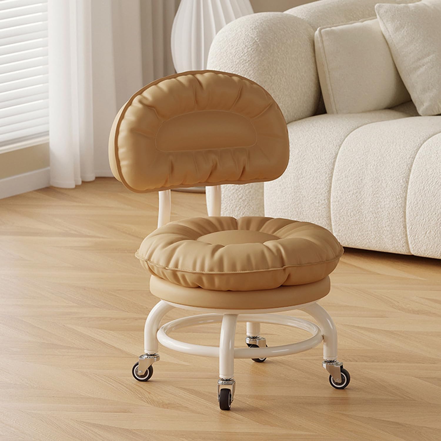 Metallic,A,Rolling Stool with Backrest Low Height Rolling Stool with PU Leather, Roller Stool Chair, Roller Seats for Home, Office, Garage, Shop, Library