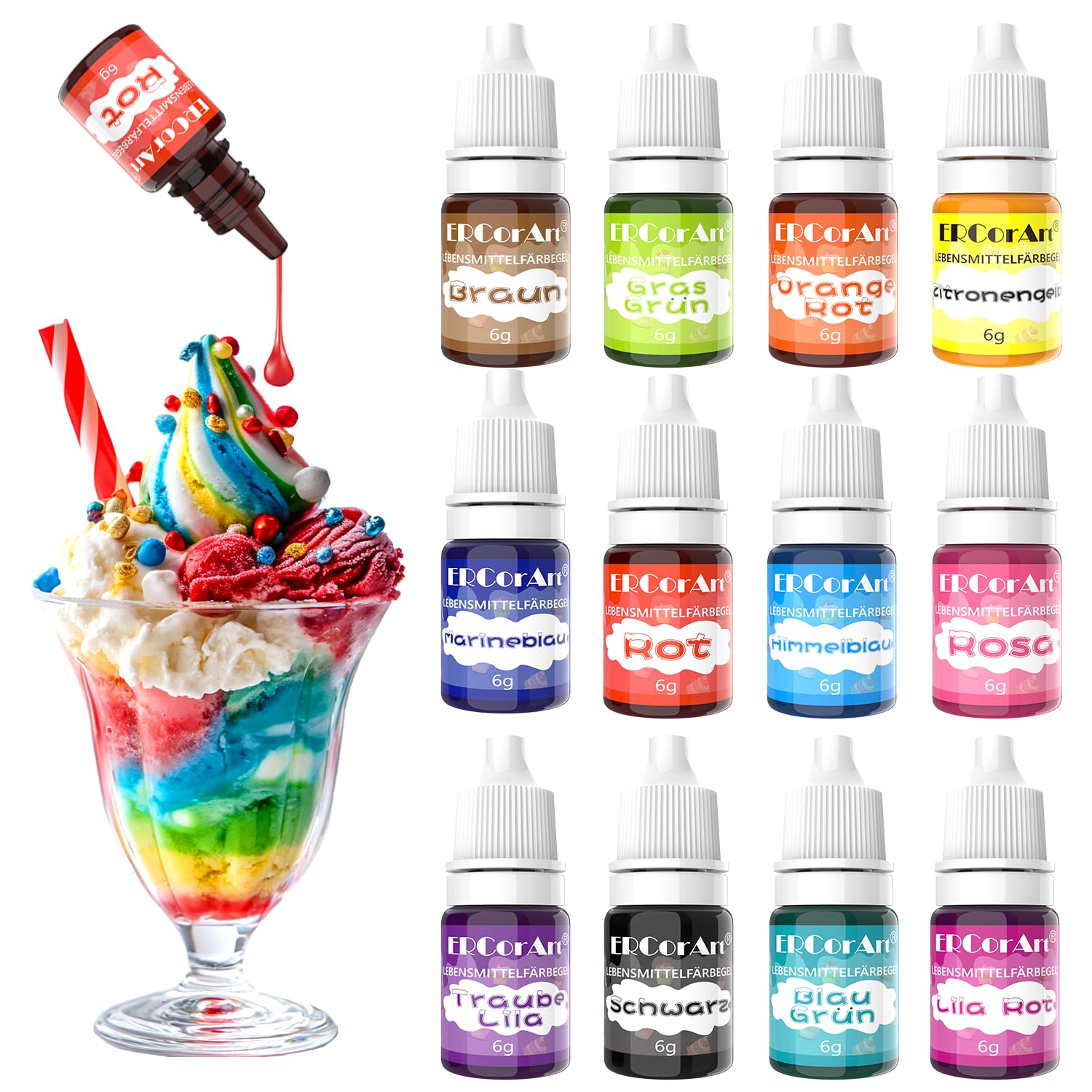 Lebensmittelfarbe Gel -12 Farben Gel Konzentrierte Lebensmittel Farben Set für Kuchen Backen, Macaron, Fondant, Kekse - Food Colouring für Kuchendekoration, DIY Seifen, Zuckerguss - 6 ml je