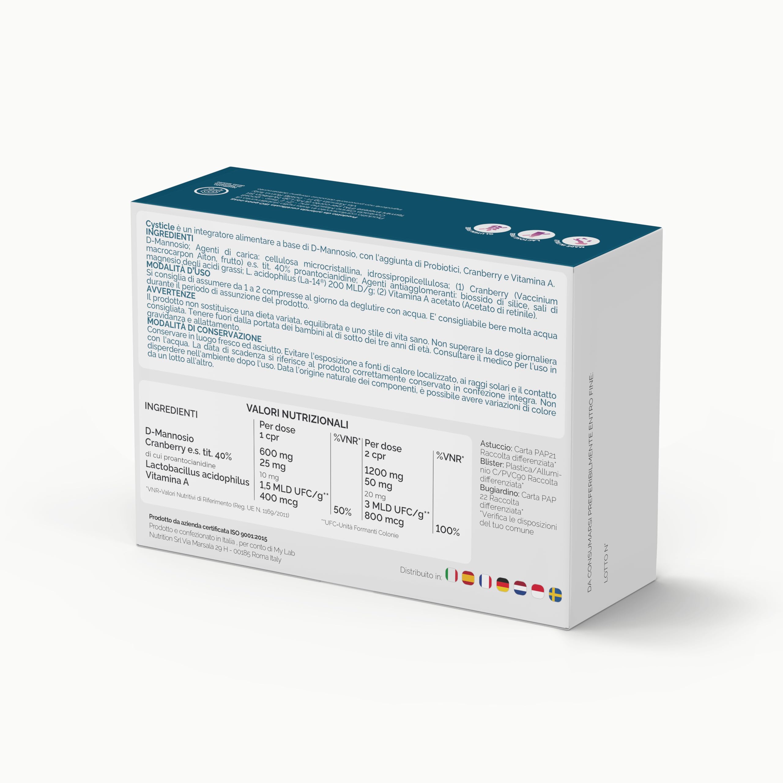 CYSTICLE | D-Mannosio Puro 1200mg | Integratore Cistite, con Mirtillo Rosso, Probiotici e Vitamina A | Per Candida e Infezioni Vie Urinarie | Vegan, Senza Glutine (60 compresse (Confezione da 1))