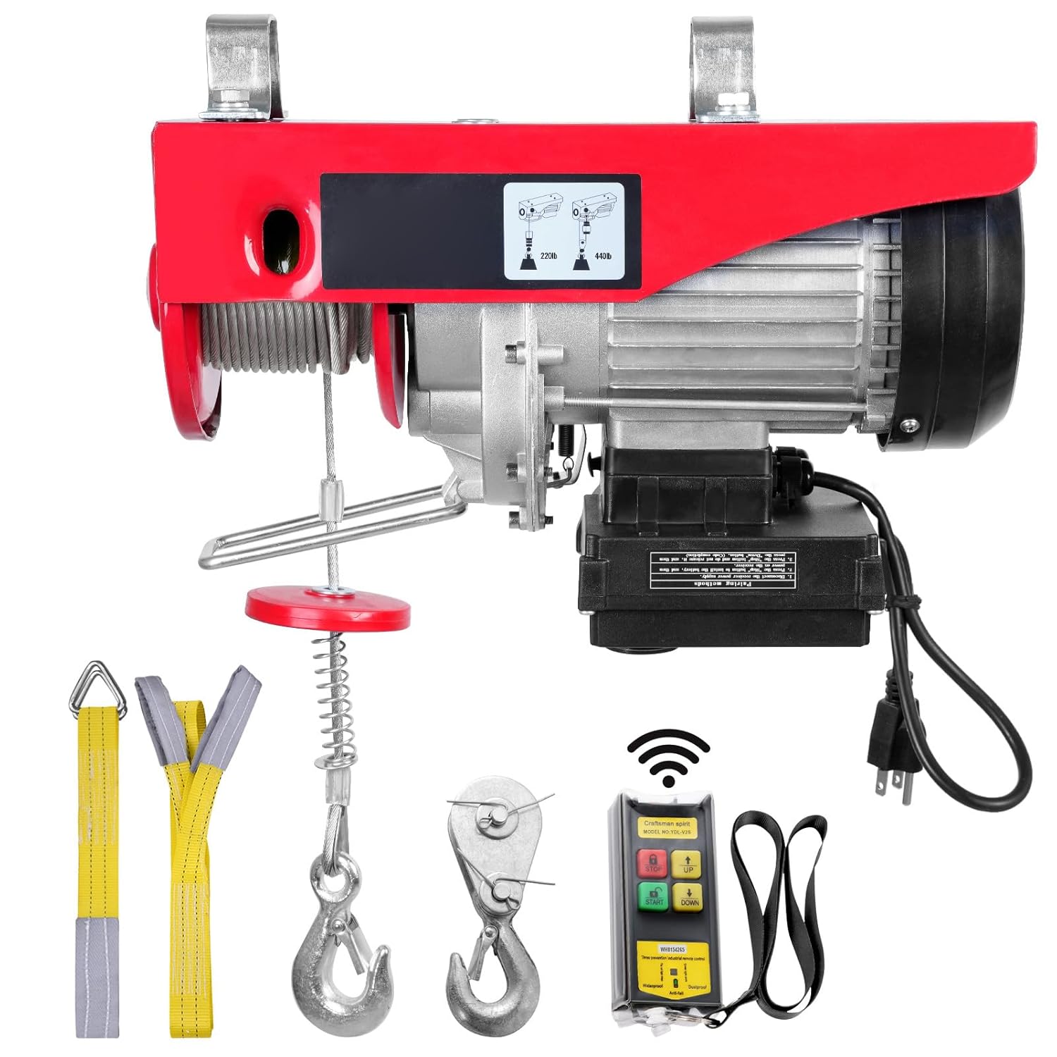 Happybuy 440 lbs Wireless Electric Hoist, 110V Electric Steel Wire Winch with Wireless Remote, 40ft Single Cable Lifting Height, Motor, for Garage, Warehouse, Factory Use