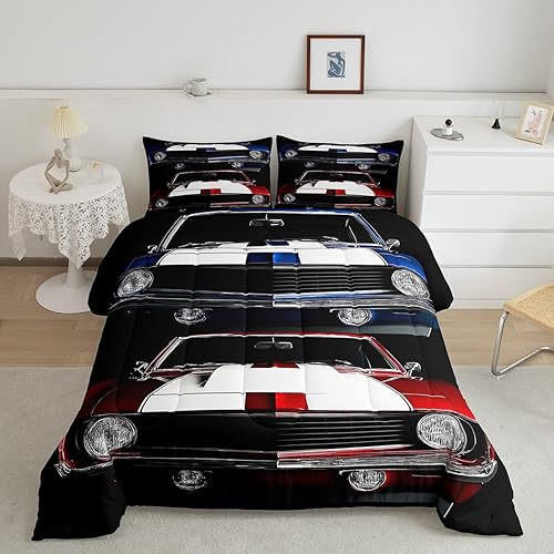 Miniatura 2 de Juego de edredón clásico de auto de carreras, juego de ropa de cama retro con vehículos antiguos para niños y niños, juego de edredón de automóvil