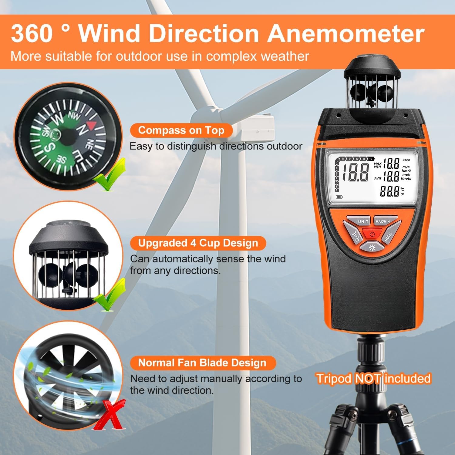 Handheld Wind Cup Anemometer, Digital Wind Speed Meter & HVAC Air Flow Meter with Compass and Temperature Display, Max Min Avg Wind Gauge for Hunting, Hiking, Shooting, Drone Flying