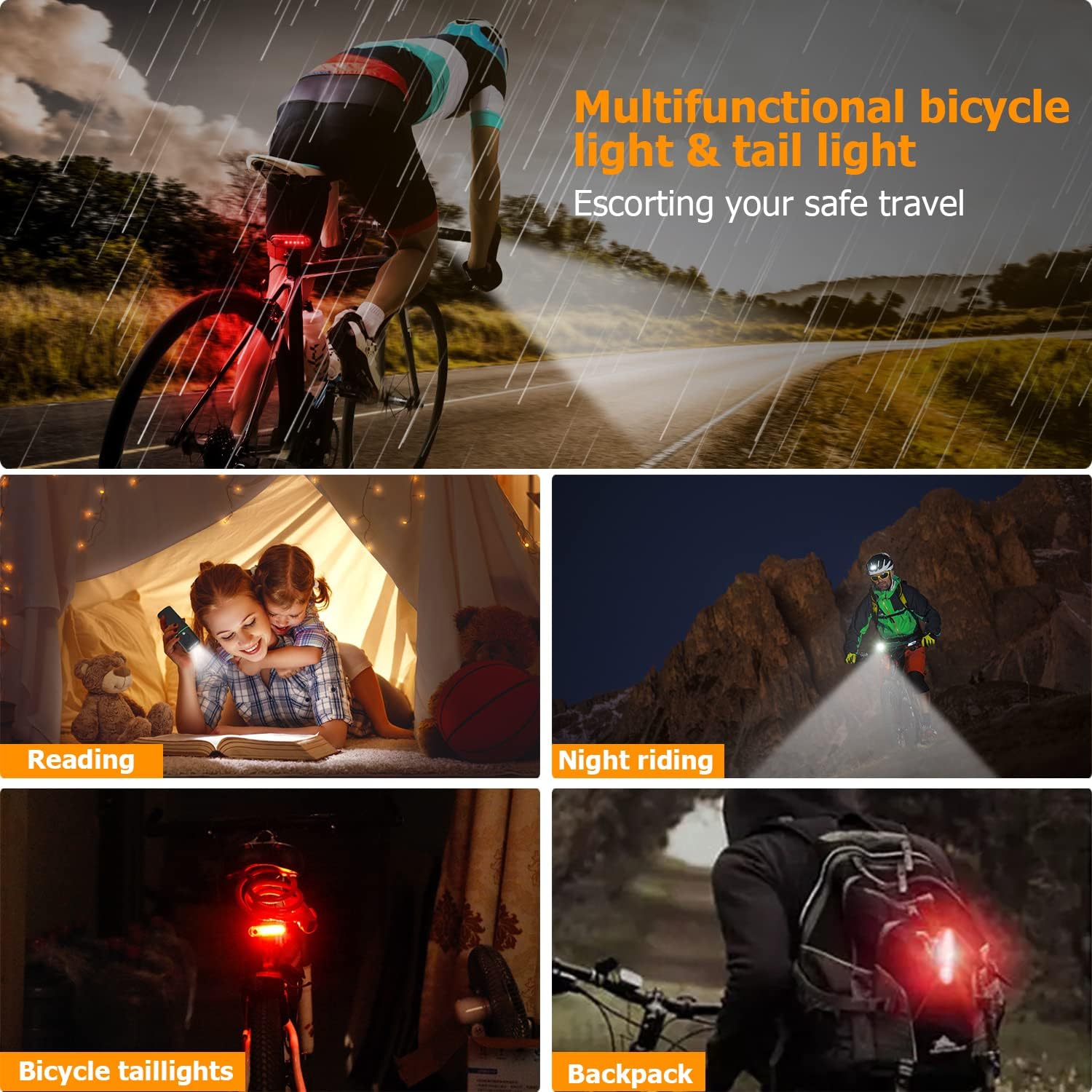 EBUYFIRE 1000 Lumen Bike Light Set, USB Rechargeable Bicycle Light, Bicycle Front Headlight and Back Taillight, LED Bike Headlight, 5 Light Modes,for Kids Men Women Road Mountain Night Riding