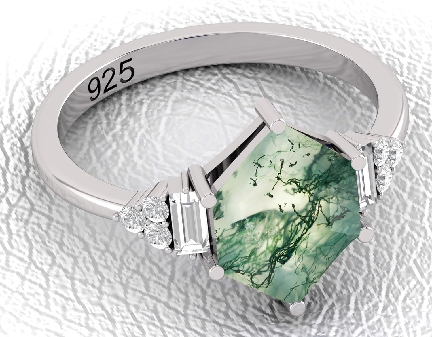 Natural Moss Agate Hexagon Ring 925 Sterling Silver, Handmade Nature-Inspired Gemstone Ring for Women Hypoallergenic Promise or Engagement Jewelry 8×11 mm 2.50 Carat