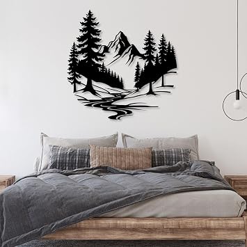Hotuijxca Metal Mountain Wall Art, Pine Tree Wall Decor, Mountain Lake and Pine Tree Metal Wall Art for Living Room Black, 31x31in|80x80cm, metal wall art