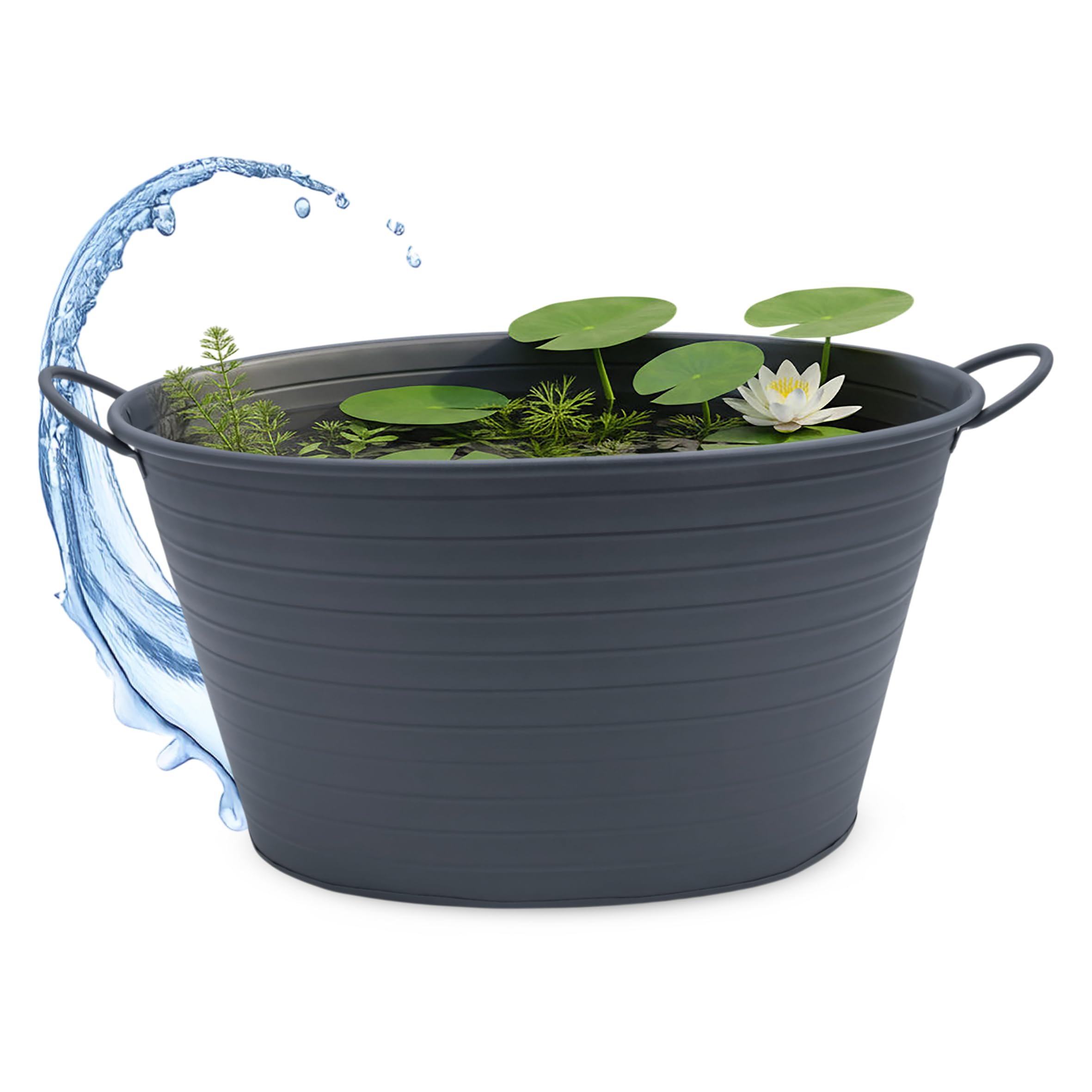 Spetebo Metallwanne oval mit Griffen, Dunkelgrau, 59 x 36 cm | Garten Metall Zierteich, Wasserwanne, Mini Gartenteich Teichwanne, Balkonteich, Blumenkübel Pflanzkübel
