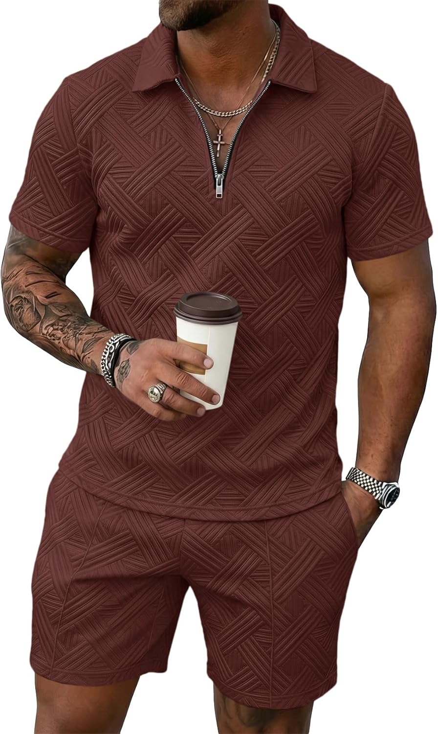 Runcati Mens Summer Track Suits Short Sleeve 1/4 Zip Golf Polo Shirts 2 Piece Shorts Sets Casual Textured Sweatsuit Outfits