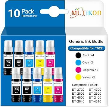 T522 Ink Bottles Combo Pack, Replacement for t522 Ink Refill Bottles for ET-2720 ET-4700 ET-2803 ET-2800 ET-4800 ET-2400 ET-2840 ET-4810 Printers 10-Pack