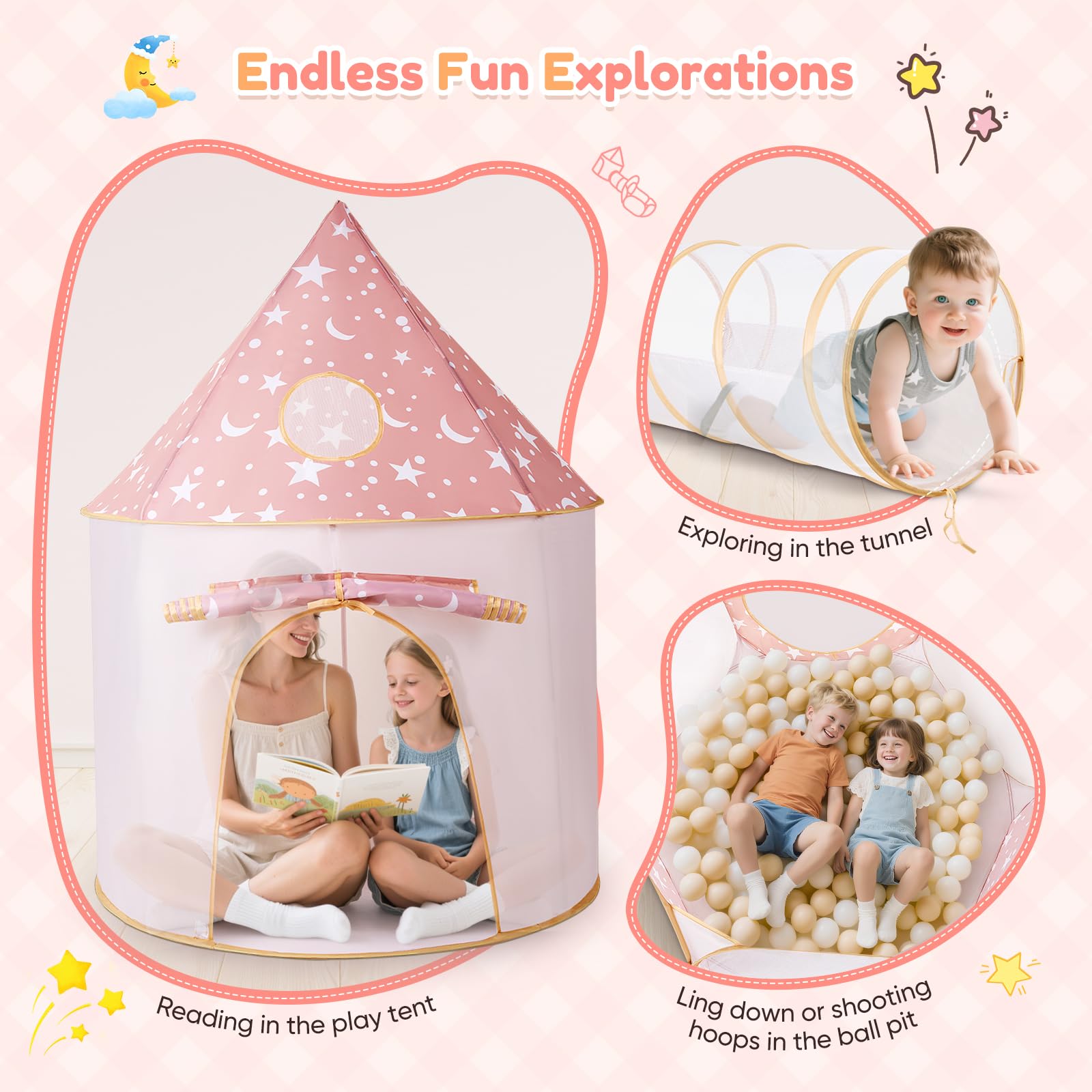 Tente de Jeu 3 en 1 pour Enfants avec Tunnel et Piscine à balles, maisonnette de Jeu château escamotable pour intérieur et extérieur, Vide sanitaire Pliable avec Panier de Basket