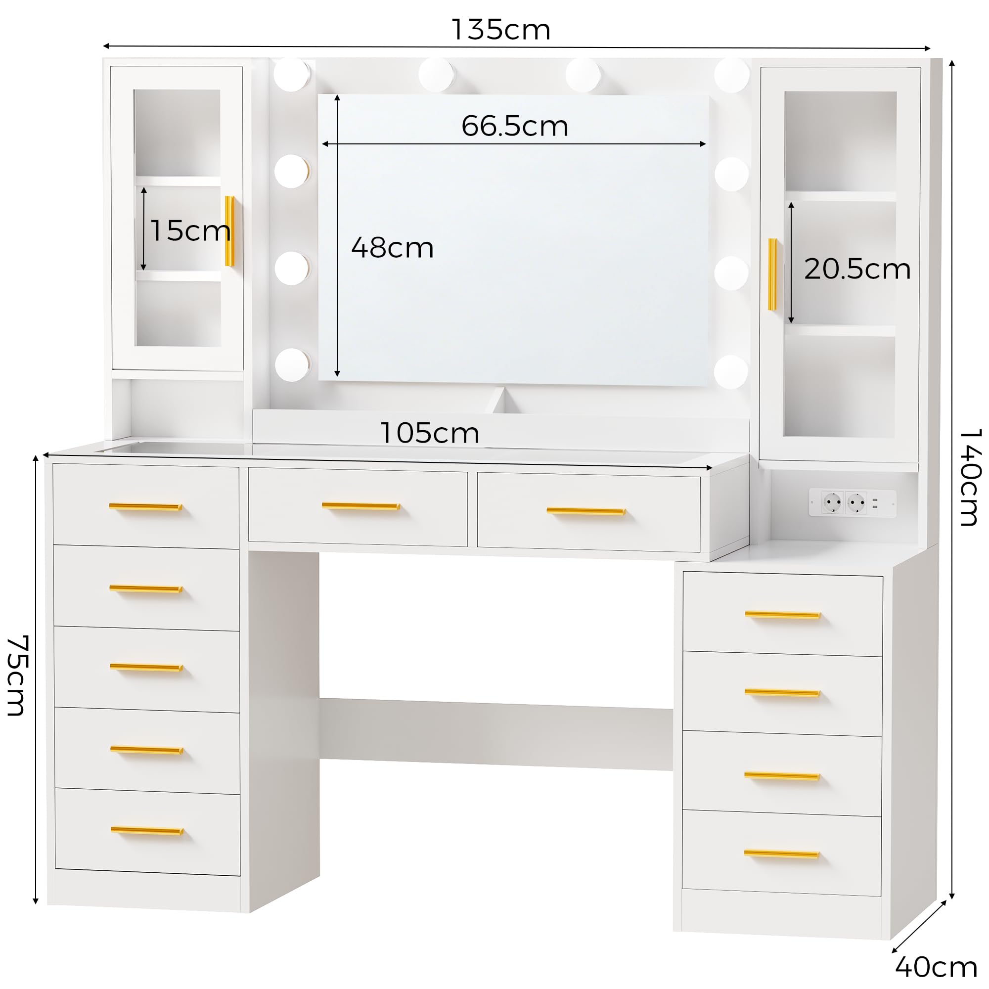 ANWBROAD 135cm Coiffeuse Moderne avec Miroir LED, Table de Maquillage avec Plateau en Verre et Prises Luminosité Réglable, Grande Blanche Coiffeuse avec 11 Tiroirs 6 Étagères pour Chambre Femme BDT23W