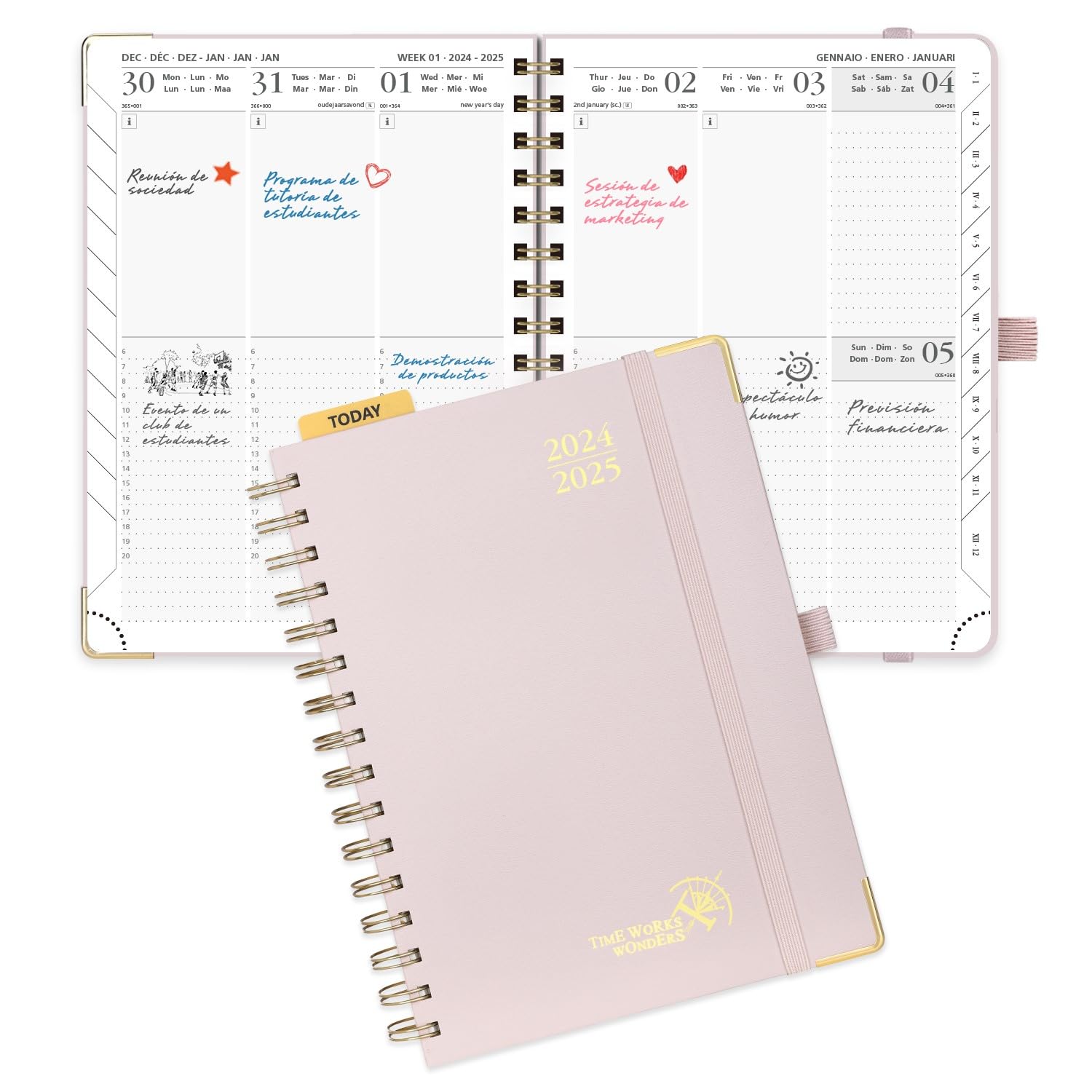 POPRUN Agenda 2024 2025 Semana Vista 21,5 x 16 cm, Tapa Dura Agenda Escolar 17 Meses Semanal de Ago.2024 - Dic.2025, Regla de Plástico, 80 GSM Papel Certificado FSC®, Rosa Claro