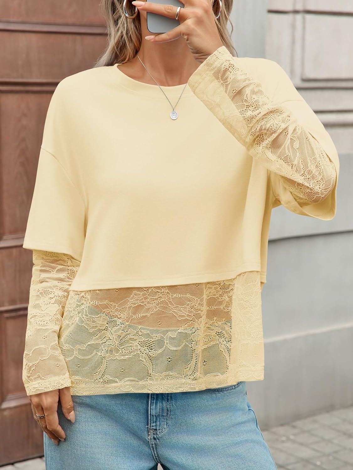 Tankaneo Womens Lace Long Sleeve Crop Top 2025 Crewneck Mesh T Shirts Casual Trendy Tops - Image 3