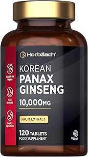Horbäach Panax Ginseng High Strength 10000mg | 120 Tablets | Korean Panax Ginseng from Extract | Suitable for Vegetarians and Vegans | by