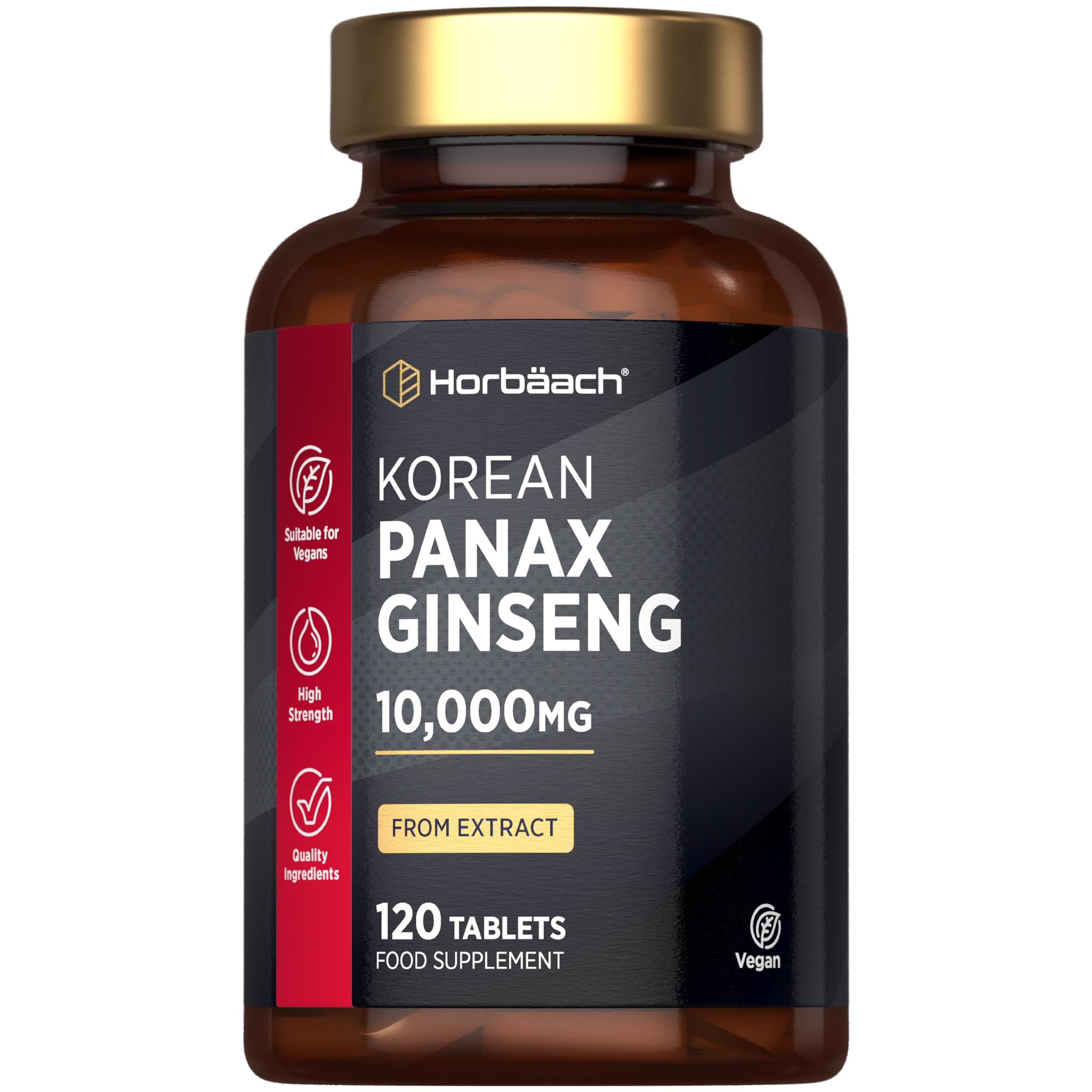 Panax Ginseng High Strength 10,000mg | 120 Tablets | Korean Panax Ginseng from Extract | Suitable for Vegetarians and Vegans | by Horbaach