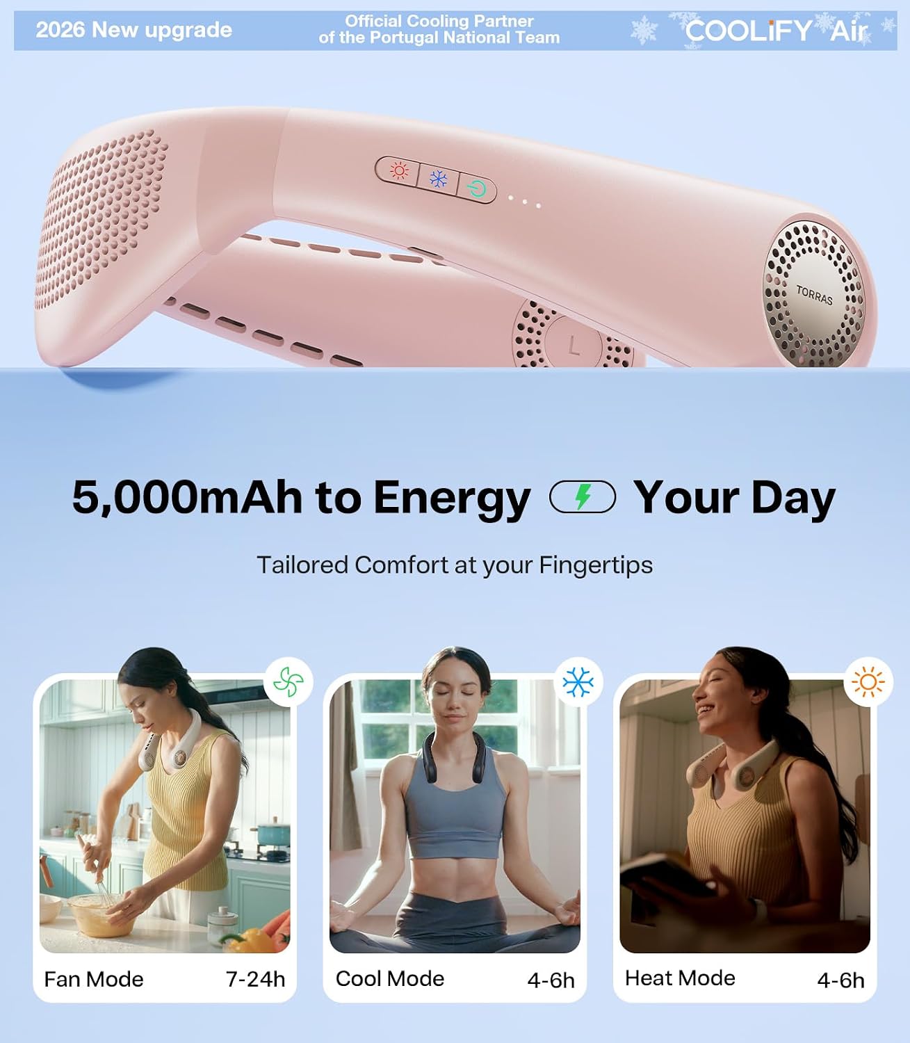 TORRAS COOLiFY Air 2026 Upgraded Neck Fan Air Conditioner, Ultra-Light Portable Fan Rechargeable, Personal Cooling Neck with 3 Modes Fan/Cooler/Heat for Travel, Camping, Outdoor Gift for Women, Pink thumbnail