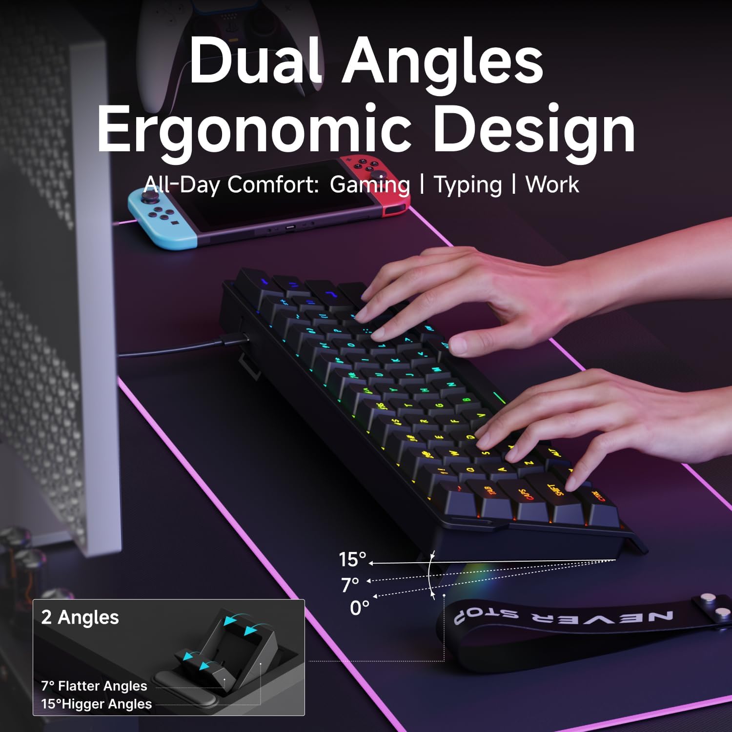 EWEADN F61 keyboard displaying various RGB lighting effects.