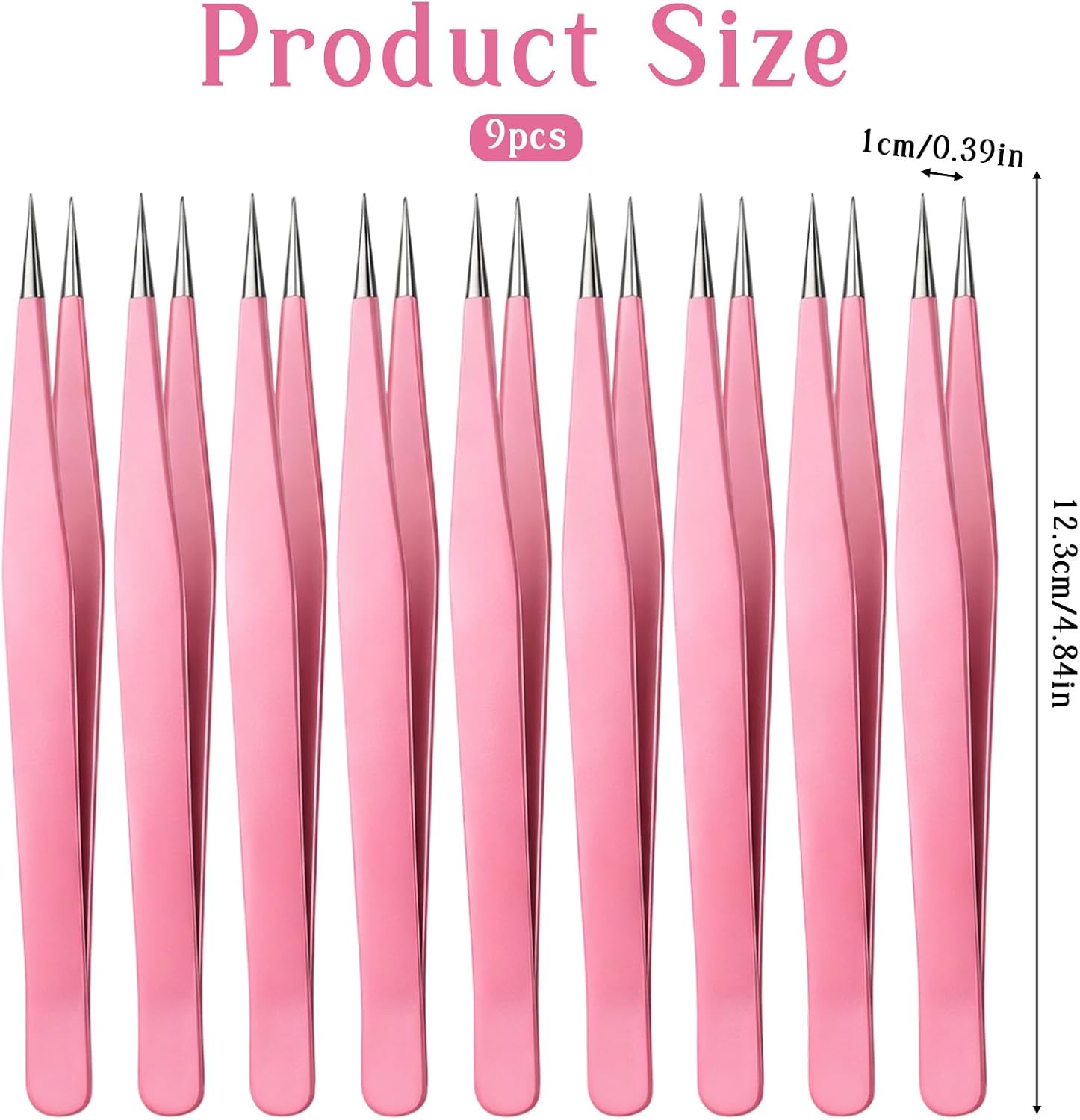 9 Pieces Tweezers Pointed Tip Straight Lash Extension, Eyelash Tweezers for Lash Extensions Splinter Tweezer for Crafting Pink Precision Tweezer with Protective Cover for Rhinestones Stickers Hair