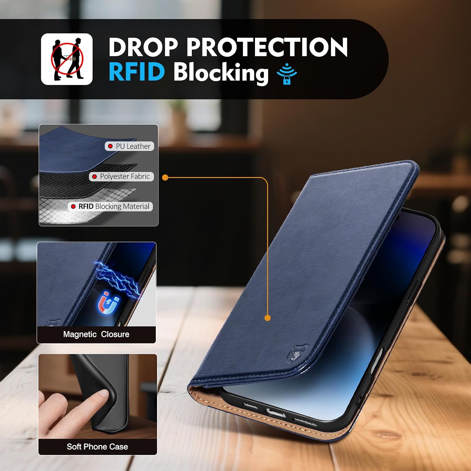 for iPhone 17 Pro Wallet Case with Card Holder,Blue image 3