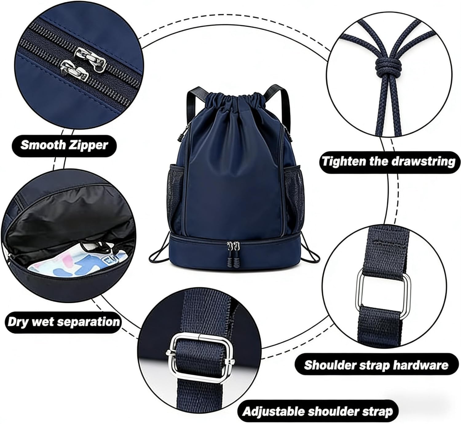 Drawstring Sports Backpack with Shoe Compartment, Nylon Gym Bag, Lightweight Foldable Sackpack for Swimming, Yoga (Deep Blue)