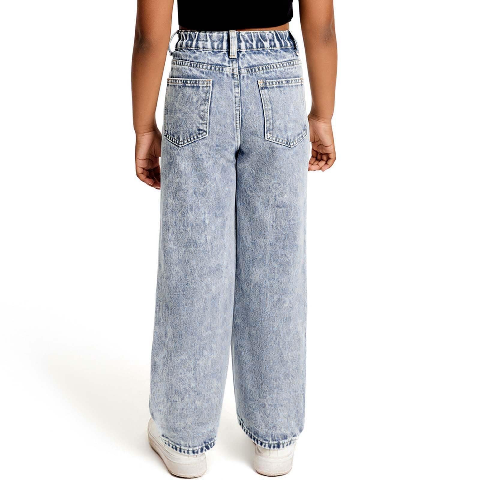 Generico Jeans Bambina 6-13 Anni Larghi Dritto Strappati Pantaloni Jeans Denim Ragazza Elastico in Vita Alta Comfort Pantaloni Lavoro Cargo Ampia Invernali con Tasconi Hip Hop Outdoor