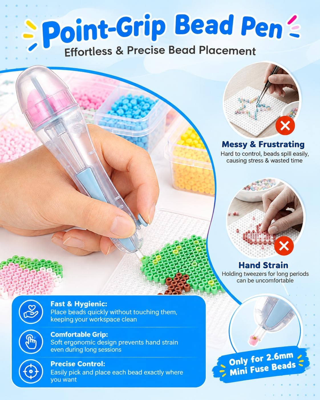 3Pack 2.6mm Fuse Bead Pen, Fuse Bead Placement Tool, Transparent Dispenser