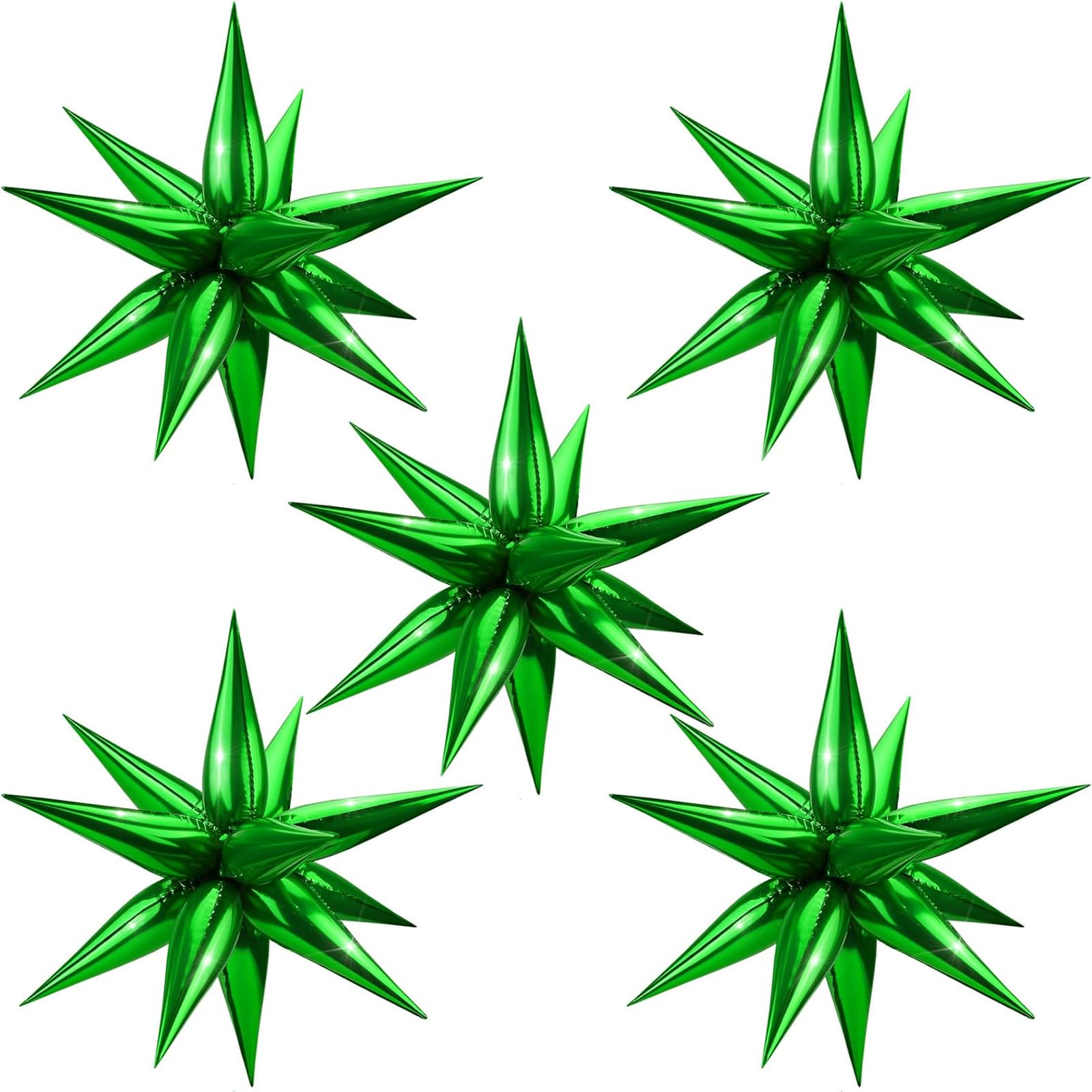 Moukiween 60 PCS Green Star Balloons, 12 Point Cone Explosion Star Foil Balloons for Christmas, Birthday, Wedding, St. Patrick's, Safari Jungle Decorations (Green)