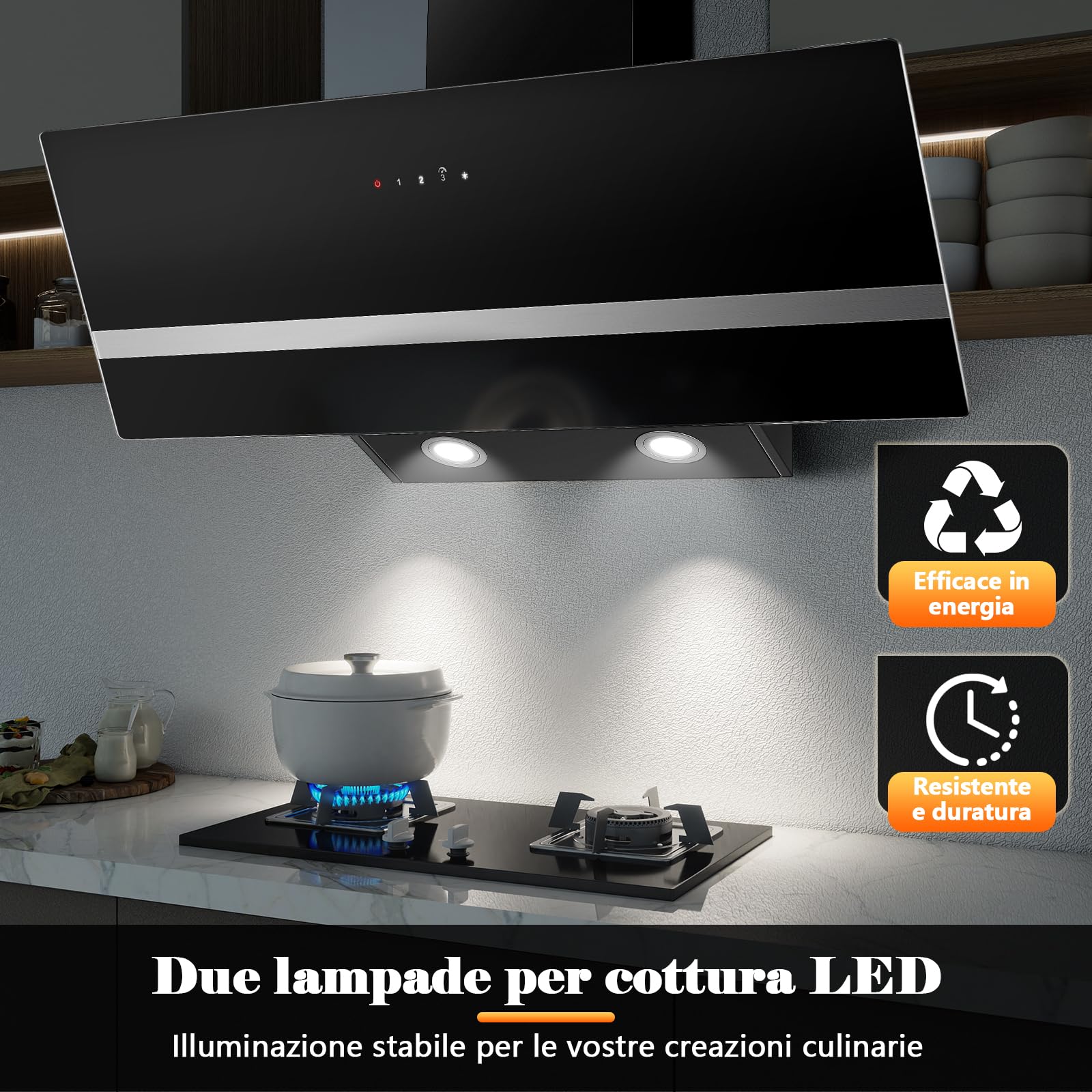 Cappa Aspirante Inclinata 90cm 450 m³/h 3 Livelli Boost Filtri Carbone Touch LED Vetro Nero