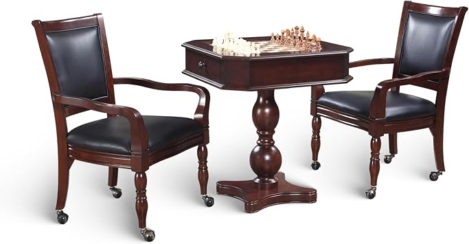Hathaway Fortress 3 in 1 Chess, Checkers & Backgammon Pedestal Game Table and Chairs Set Multipurpose Chess Table Furniture w/ Reversible Tabletop, Storage Drawers & Complete Accessories - Mahogany