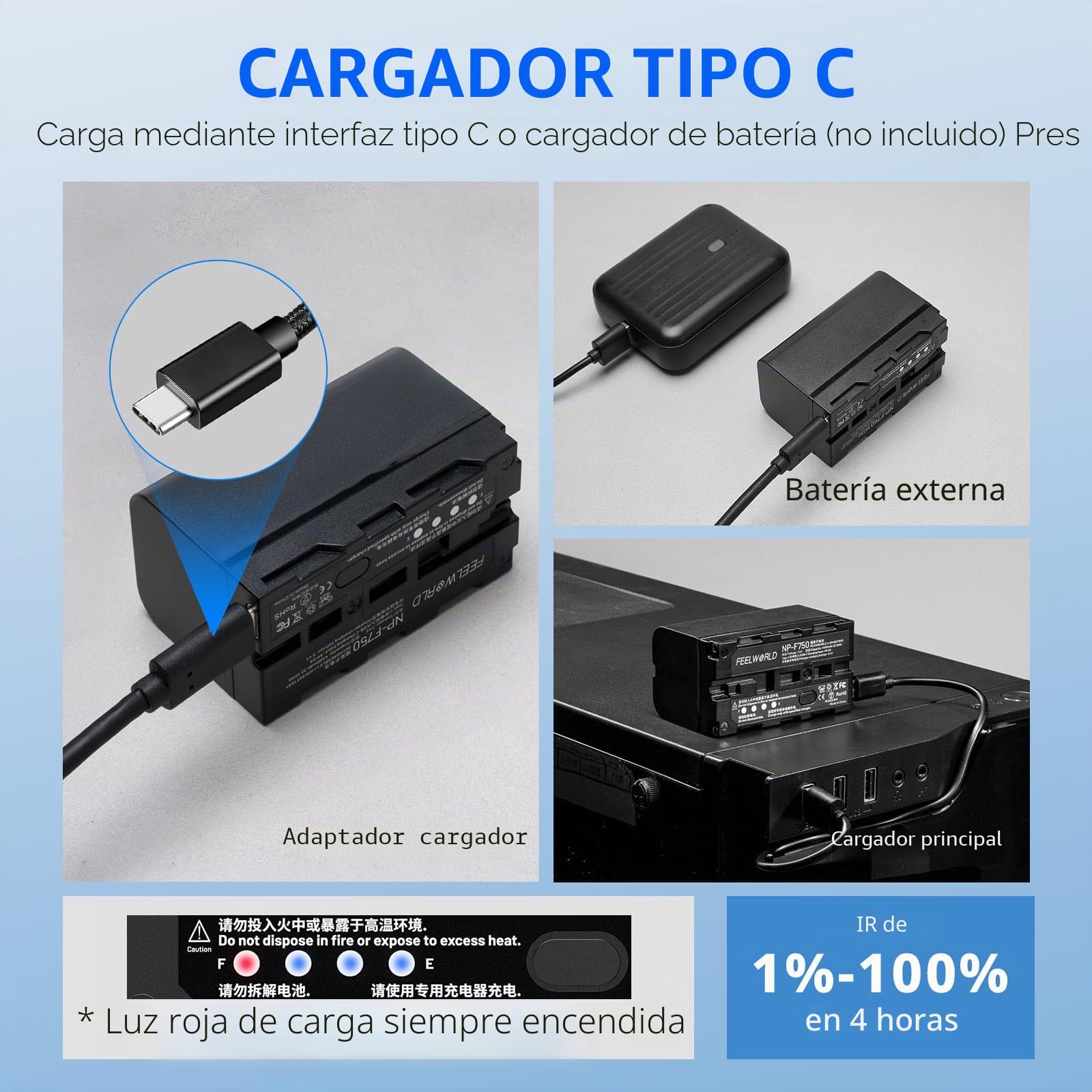 FEELWORLD NP-F750 4400mAh batería de Repuesto para NP-F970 F960 F950 F770 F750 F570 F550, USB-C Carga rápida Recargable para luz LED, Monitor de cámara, transmisión inalámbrica