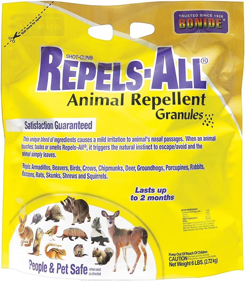 Bonide Repels-All Animal Repellent Granules, 6 lbs. Ready-to-Use Deer & Rabbit Repellent, Deter Pests from Lawn & Garden