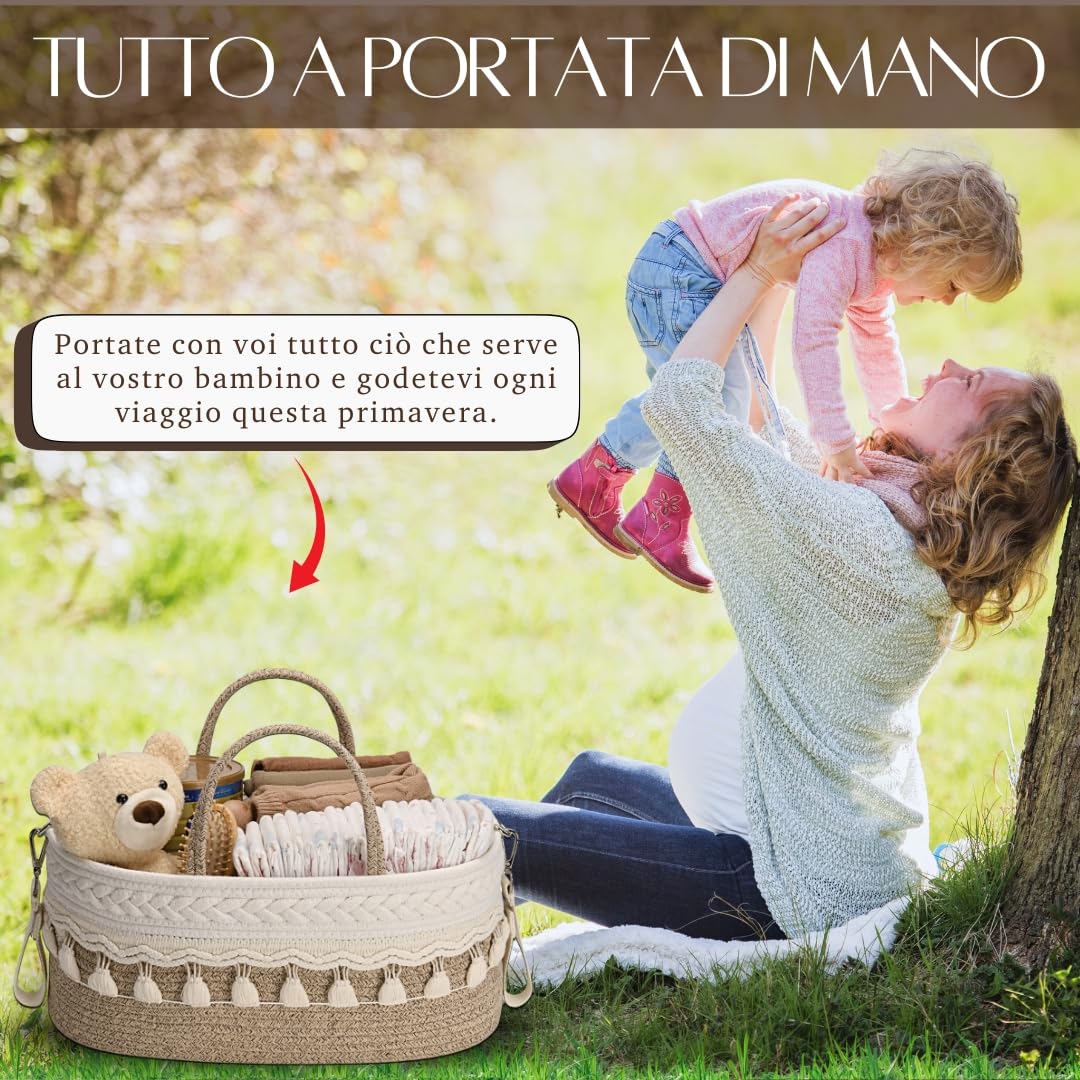 SEBRAM Organizer Fasciatoio per Neonati – Organizer Pannolini Beige Boho, Cesta Fasciatoio Neonato con Tracolla Regolabile & Tasche Termiche/Include maniglie bianche (vedi video)