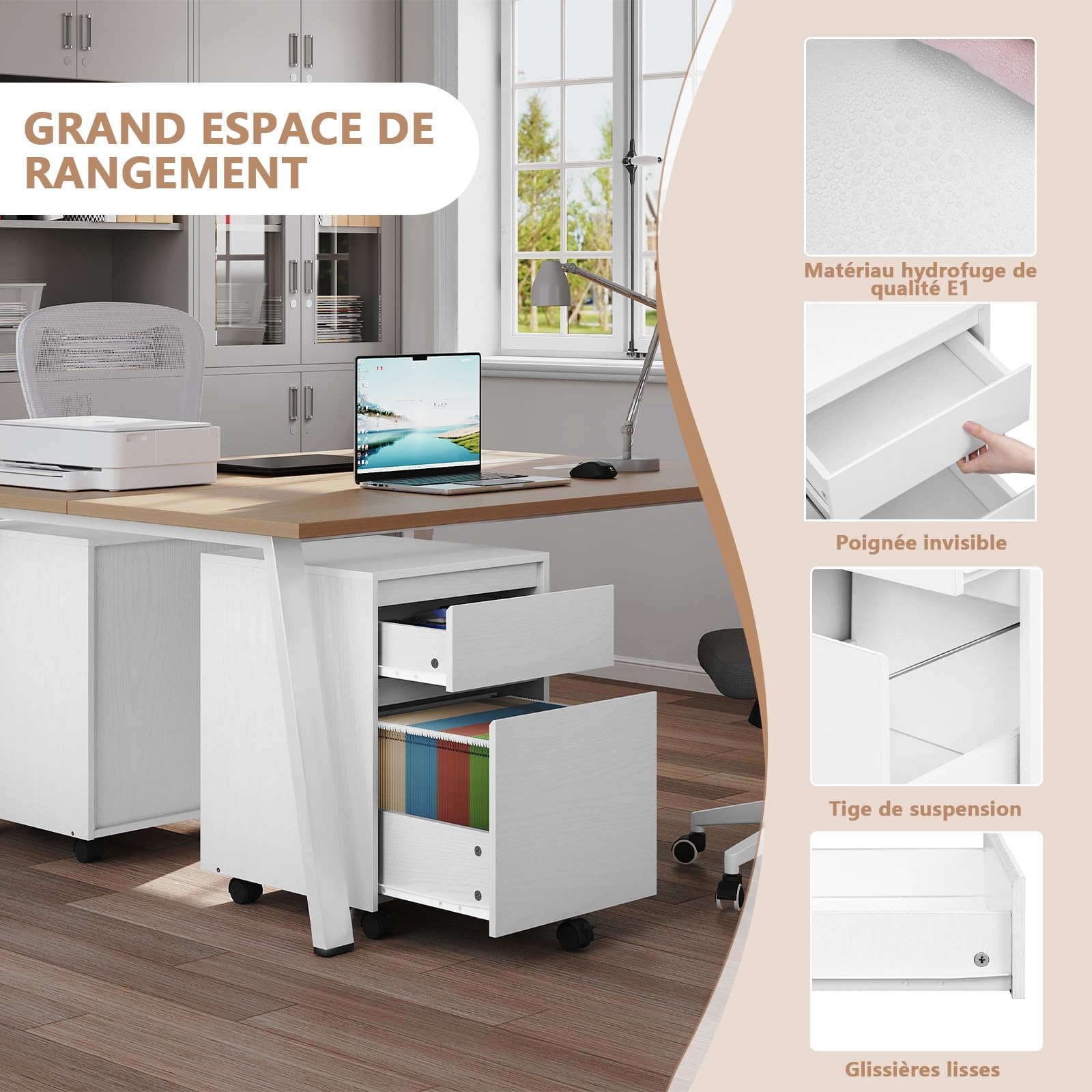 WOLTU Caisson de Bureau avec 2 Tiroirs, Armoire à Dossiers sur roulettes, Meuble de Rangement pour Documents A4, en Bois d'ingénieur PB, Blanc, 40x40x56cm,ASK11ws