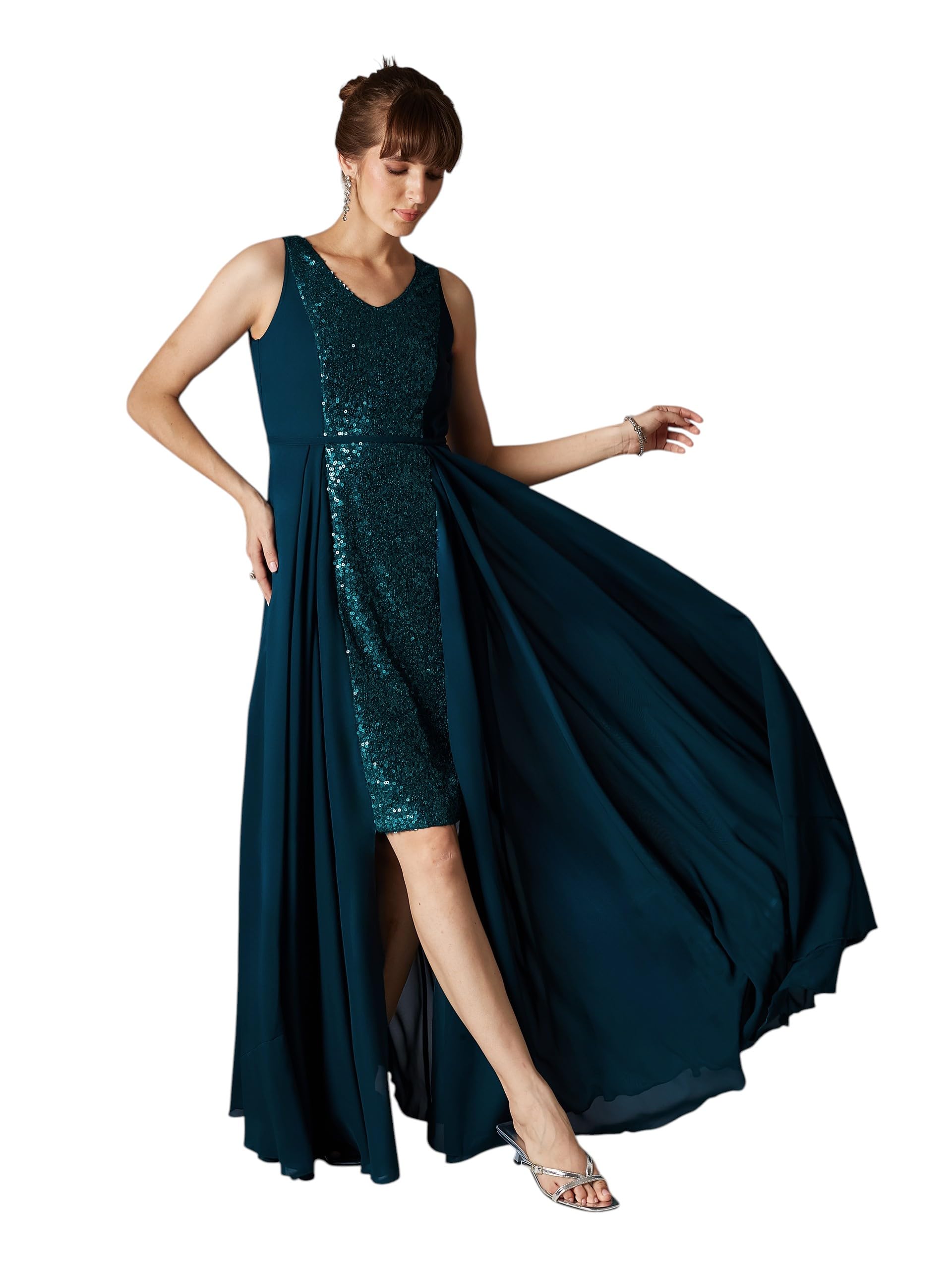 miss chase Women's Teal V-Neck Sleeveless Embellished Layered Georgette Maxi Dress-picture-19